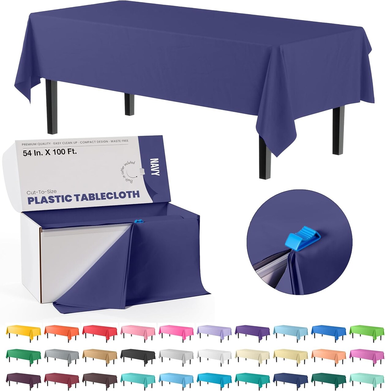 Exquisite Party Solids 54" x 100' Plastic Table Cover Roll with Slide Cutter – Cut-to-Size Dispenser Box – Makes Up to 12 Disposable 8' Rectangle Tablecloths